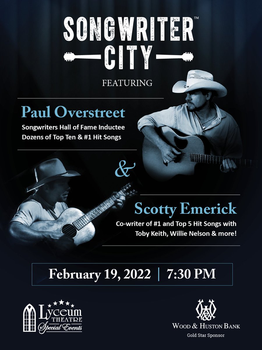 What do “Forever and Ever Amen” and “She Thinks My Tractor’s Sexy” have in common? Along with dozens of top 10 hits, they're all by Paul Overstreet! See him and fellow hitmaker Scotty Emerick for an intimate one-night only concert, Sat, Feb 19! Tickets at lyceumtheatre.secure.force.com/ticket#/