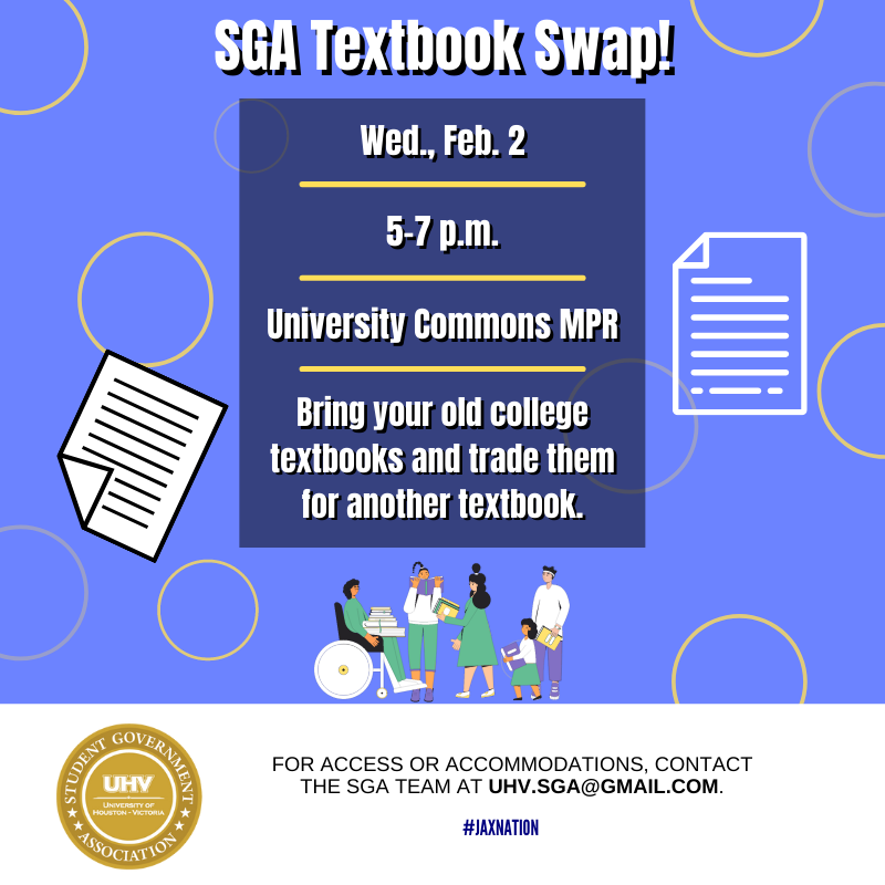 SGAUHV's tweet photo. Do you have textbooks from last semester that you don't use anymore? Do you need a textbook for a class but are unsure if you can buy it?
Then SGA has just the event for you! Join us Wednesday, February 2nd in the University Commons MPR for our textbook swap event! https://t.co/ObQR3aCxrw