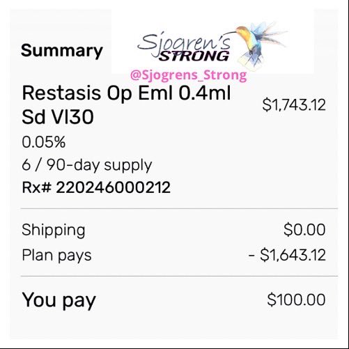 SjogrensStrong's tweet photo. 💧 RESTASIS EYE DROPS 💧 

These suckers are expensive… RIDICULOUS!! 
And its only for a 3-month supply!! Thank goodness for insurance!! $100 - blah 😑 

#SjogrensStrong
#StrongerTogether
#LivingSjogrensStrong
#ShiningALightOnSjogrens 
#ThisIsSjogrens
#Restasis #DryEyes https://t.co/0FciLs9O6o