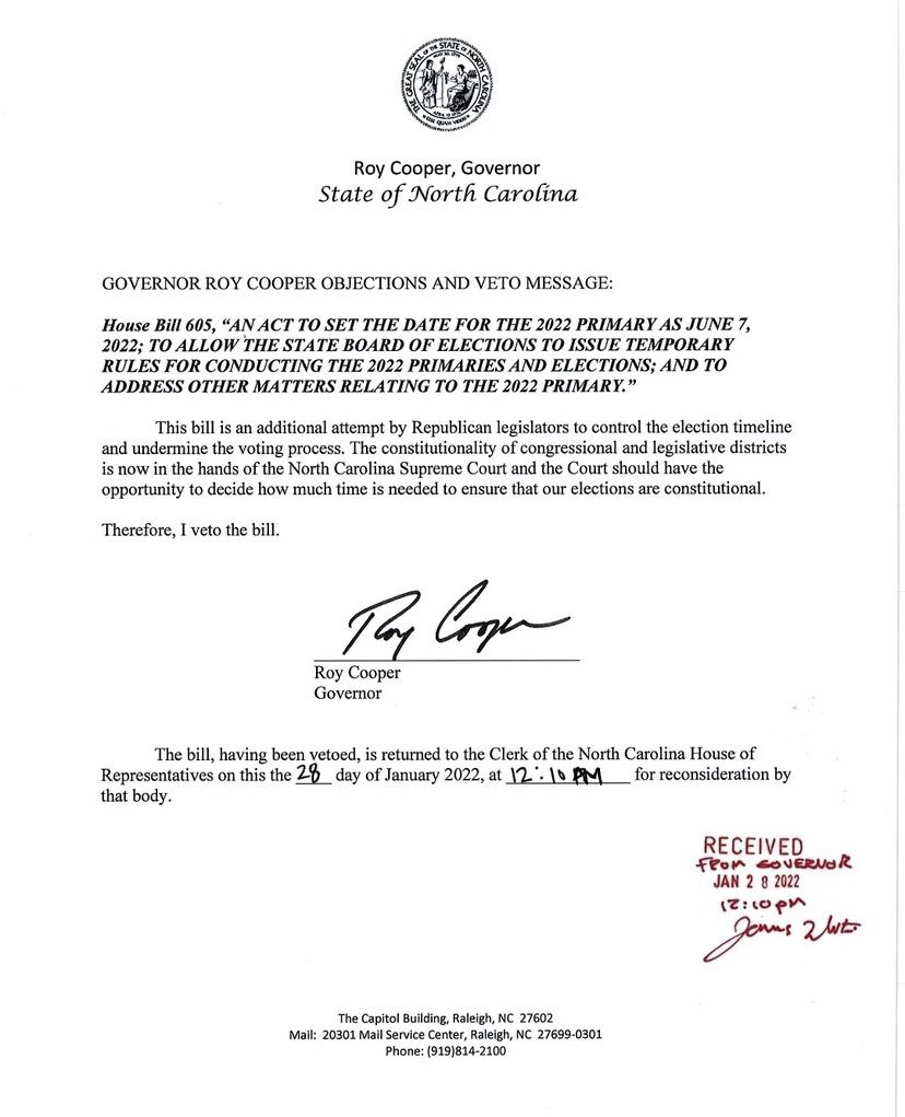 OBSwank's tweet photo. BREAKING: Governor @RoyCooperNC has vetoed #HB605 which set my election date to June 7, 2022. The @NCGOP is doing all they can to take Democracy away from NC voters 🤢 This veto, if successful, will keep our election date on May 17, 2022. #NCpol #NCsen #CLTCC https://t.co/xfETq6pj4h