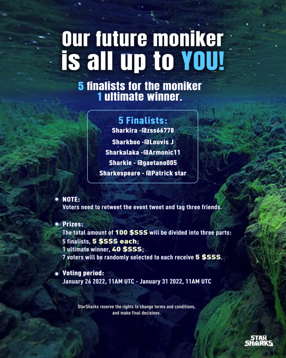 StarSharks_SSS's tweet photo. 🎙️Hey sharks!!!🦈

🥰Don't forget to vote for the nickname you think is most appropriate and belongs only to us by filling out the form: https://t.co/k45V1Hw5xF

👀For more details, please view the poster below.👇

#Starsharks https://t.co/u2xYBdeCH6