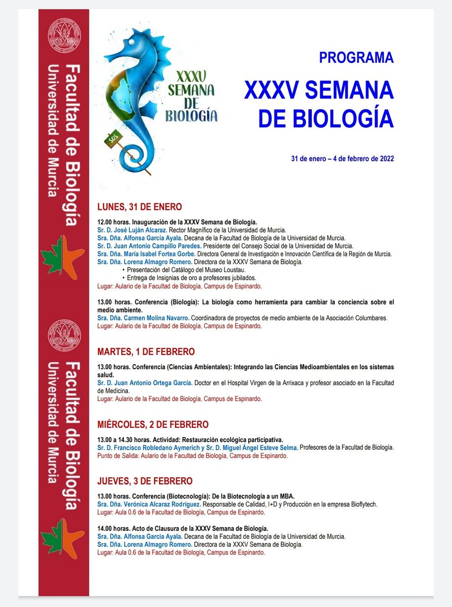 biologiaum's tweet photo. Programa de la XXXV Semana de Biología. Os animo a asistir a las conferencias 👏👏. #Biologia @UMU #ambientales #biotecnologia https://t.co/v4ID4zs8pz