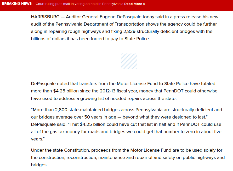 LackawannaLP's tweet photo. The class of bureaucrats who violated the Pennsylvania Constitution and siphoned billions in bridge &amp; road repair funding into state police departments are the same people telling you that increasing taxes is the only way to achieve safe infrastructure.🧐#Pittsburghbridgecollapse https://t.co/sdrdwdPjKf