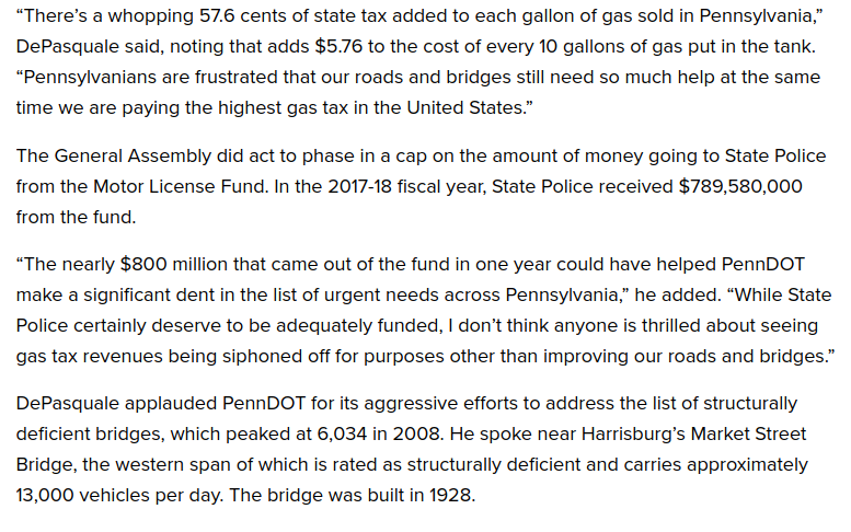 LackawannaLP's tweet photo. The class of bureaucrats who violated the Pennsylvania Constitution and siphoned billions in bridge &amp; road repair funding into state police departments are the same people telling you that increasing taxes is the only way to achieve safe infrastructure.🧐#Pittsburghbridgecollapse https://t.co/sdrdwdPjKf