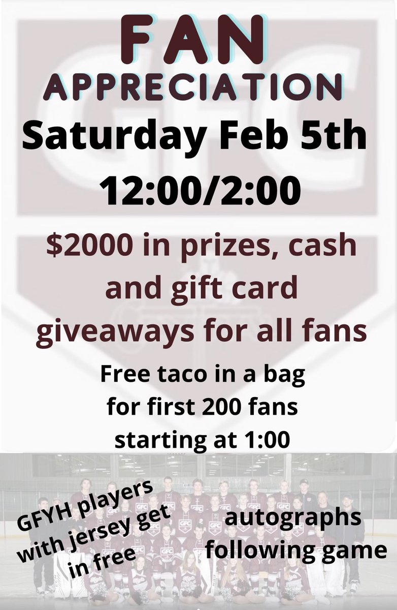 GFChockey's tweet photo. Be sure to save the date! Fan appreciation night Feb 5th. Cash and gift card prizes. https://t.co/jXp04H6z8o