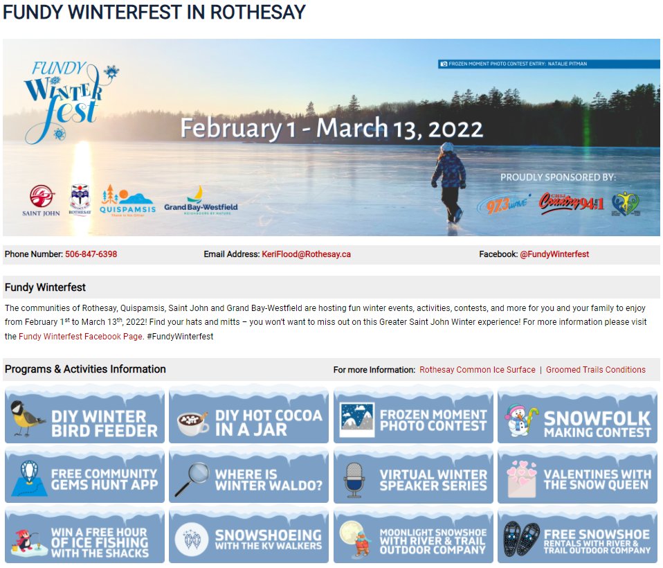 ❄️Rothesay, Quispamsis, Saint John &amp; Grand Bay-Westfield are hosting fun winter events, activities, contests and more for you and your family to enjoy from Feb 1st to Mar 13th! 

Visit our website for more info on the activities taking place in Rothesay! rothesay.ca/fundy-winterfe…