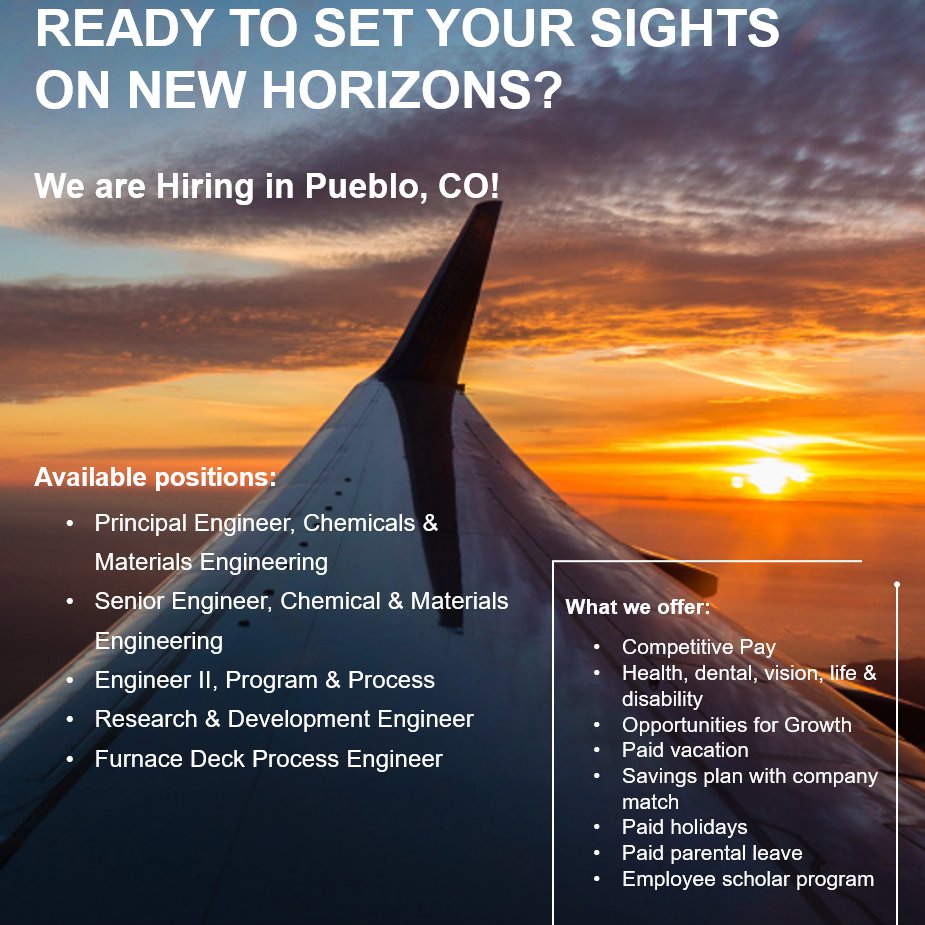 Set your sights on new horizons! We are hiring for multiple positions in Pueblo, CO!  
Apply today, Link in Bio!

#AlphaBravoCollins #RedefiningAerospace #CollinsCulture #TeamCollins #LifeAtCollins  #aerospacecareers #aviationcareers #nowhiring #careers