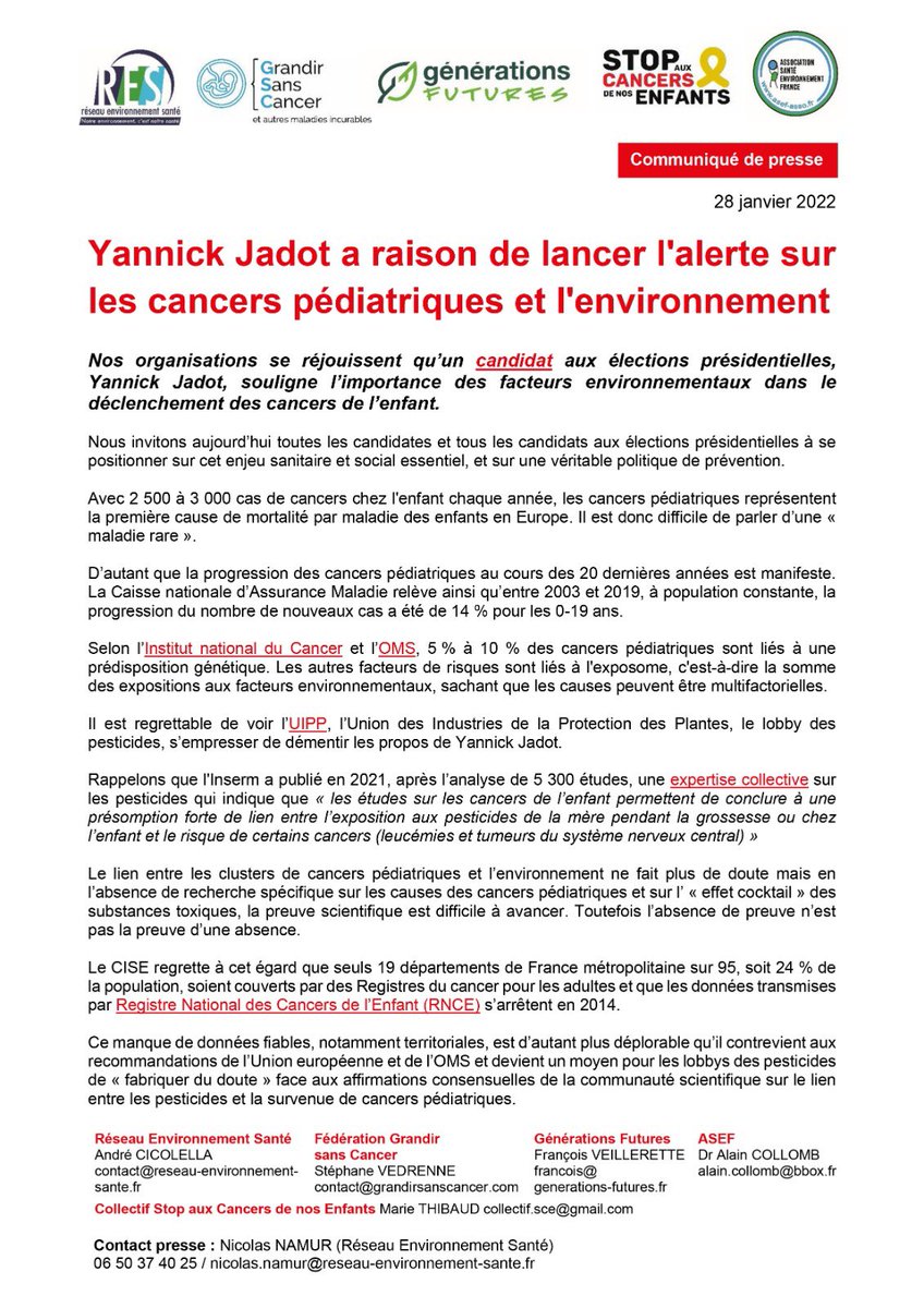 RES_Env_Sante's tweet photo. Nos ONG se réjouissent qu’un candidat aux #presidentielles2022 - @yjadot - souligne l’importance des facteurs environnementaux dans le déclenchement des cancers de l’enfant. Nous appelons les autres candidat(e)s à se positionner sur cet enjeu fondamental. https://t.co/NnLOgqUVTV