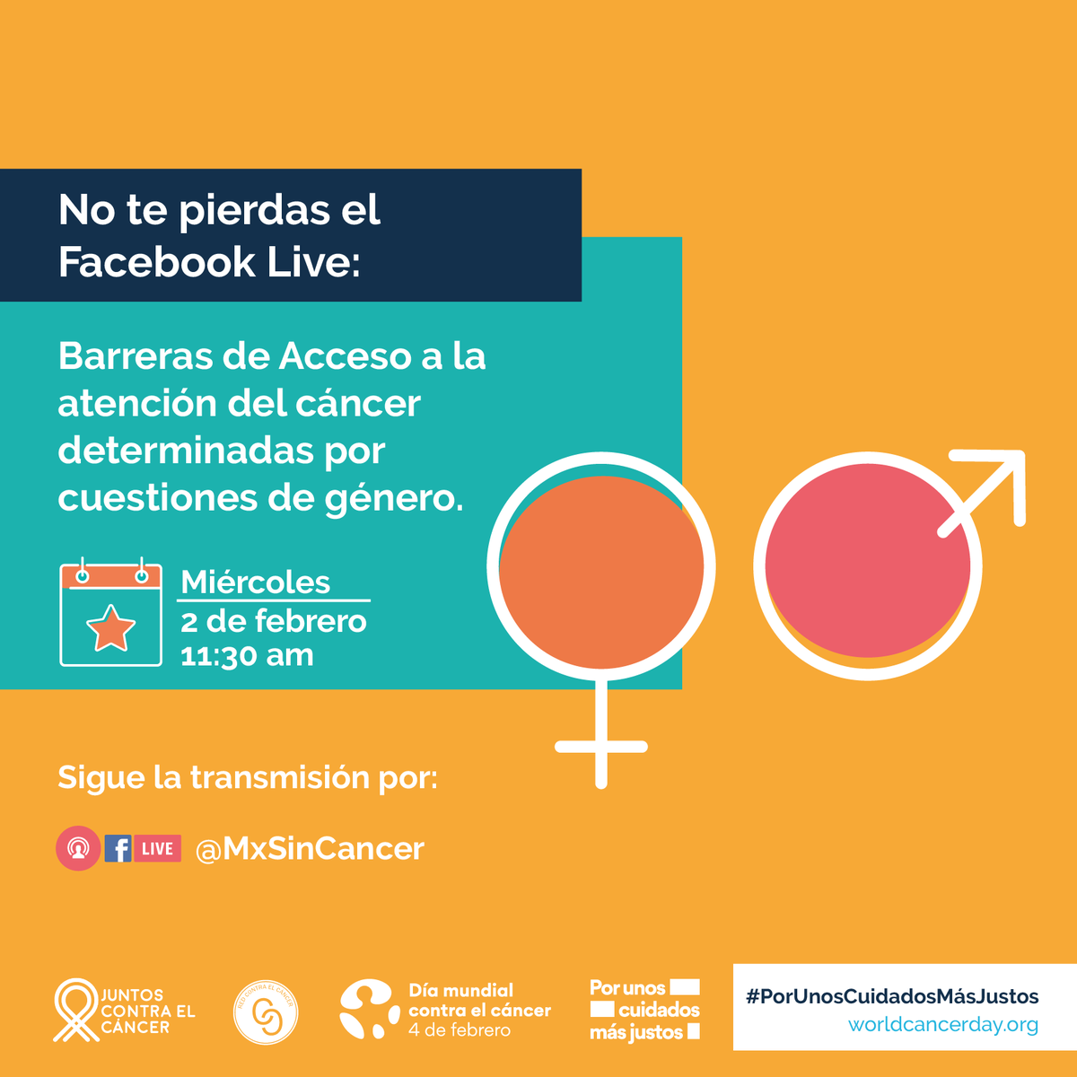 MxSinCancer's tweet photo. 🌟¡Acompáñanos!
🔴No te pierdas el Facebook Live:

"Barreras de Acceso a la atención del cáncer determinadas por cuestiones de género"

📅Miércoles 2 de febrero
🕚11:30 am

¡Unamos los esfuerzos por las personas con cáncer!
#PorUnosCuidadosMásJustos https://t.co/jr8DZm7xHd