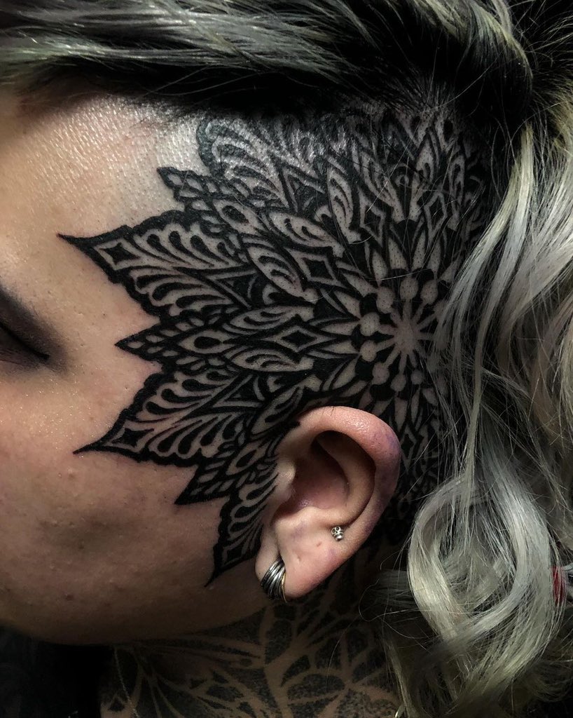 Cool Dotwork forehead Tattoo Idea