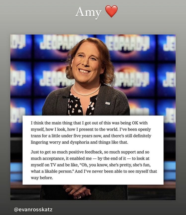 A champion on many levels. Thanks and congrats Amy!!! Watching your journey of 40 consecutive wins on Jeopardy has been an inspiration.