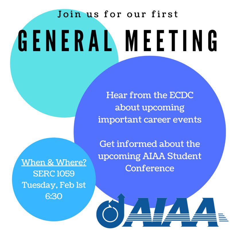 Our first general meeting is this upcoming Tuesday, February 1st! We’ll have a representative from the ECDC to discuss upcoming career events. We’ll also be discussing the upcoming AIAA student conference. Jimmy johns will be provided!

Hope to see everyone there! ✈️