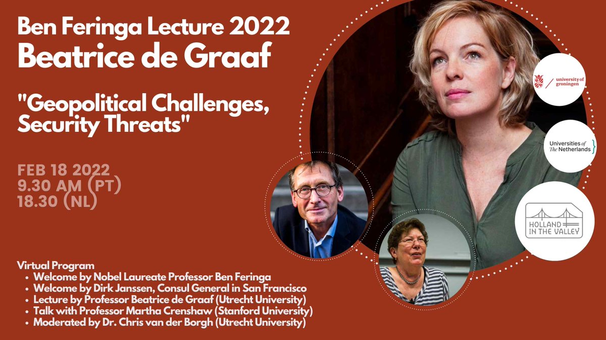 NL is home to world-renowned universities and some of the most respected researchers. Join #HollandintheValley <a href="/devsnu/">VSNU (nu Universiteiten van Nederland)</a> <a href="/univgroningen/">University of Groningen</a> for:

Ben Feringa Lecture 2022 by Beatrice de Graaf:
"Geopolitical Challenges, Security Threats"

Register here: eventbrite.com/e/ben-feringa-…
