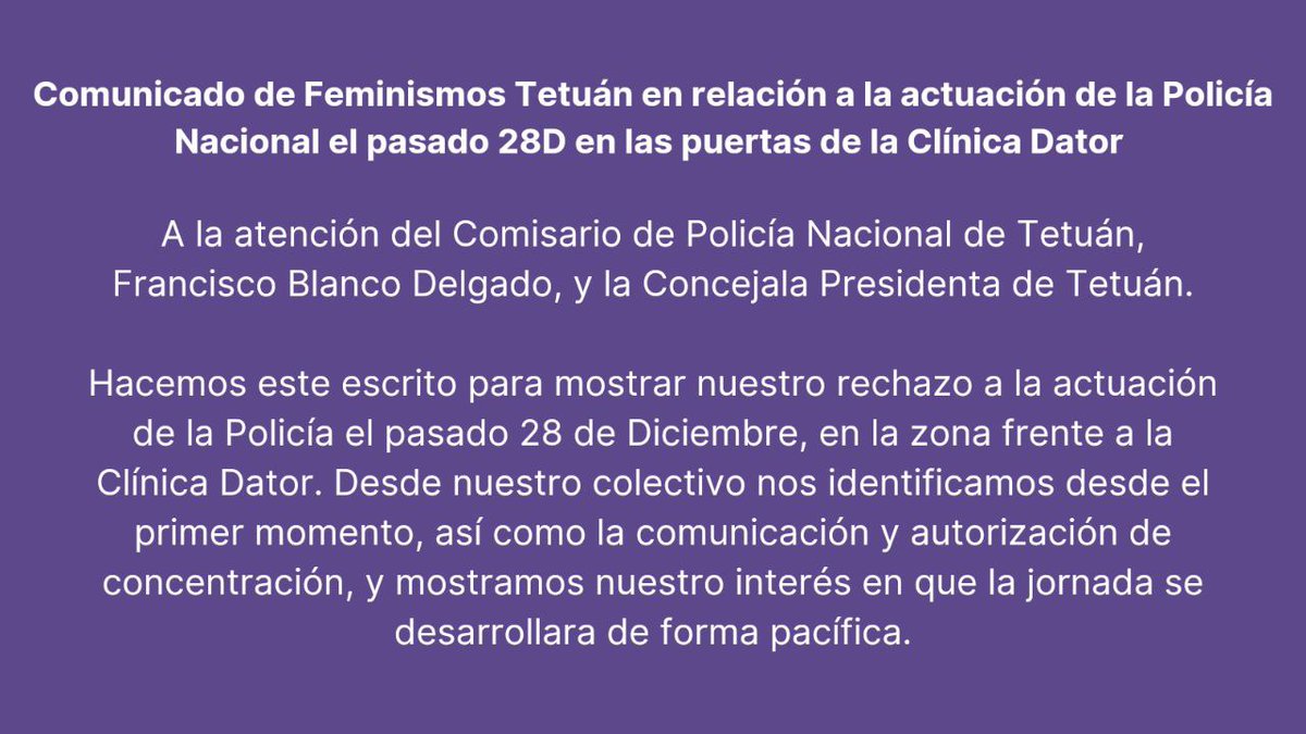 ❌📣Ante la nefasta actuación de la Policía Nacional el pasado 28D,

en la jornada en defensa del aborto frente a <a href="/clinicadator/">Clínica Dator</a>,

desde Feminismos Tetuán hacemos público este comunicado expresando todo nuestro rechazo a los hechos acontecidos.
