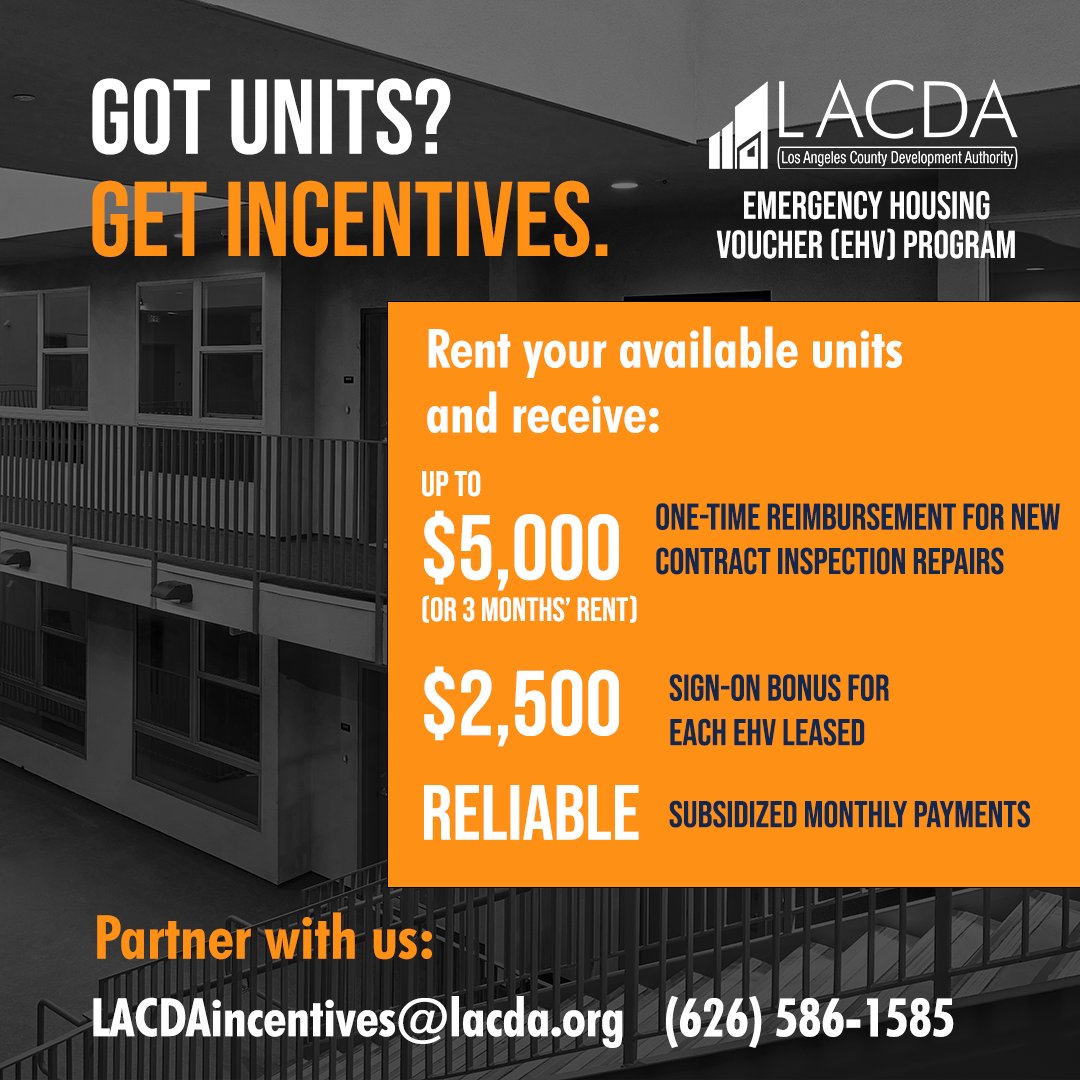 LACo_DPSS's tweet photo. Rental property owners! If you have vacant rental units, #LACounty can offer you reliable subsidized monthly payments, inspection repair reimbursement up to $5000, and a $2,500 sign on bonus for each EHV Lease. Learn more at https://t.co/Denl16wW2l. 
@countyofla @LACDevAuthority https://t.co/YFRFbDGLG2