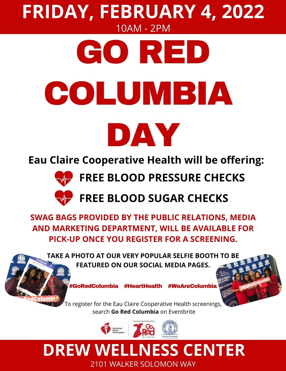CityofColumbia's tweet photo. We are gearing up to #GoRedForWomen❣️
#GoRedColumbia will be held at Drew Wellness Center from 10 a.m. - 2 p.m. on #NationalWearRedDay, February 4th!
Register online for FREE for your blood sugar & blood pressure checks from @coop_health https://t.co/ZKQ1rmyfcX #WeAreColumbia https://t.co/sKIdpQN5Hd