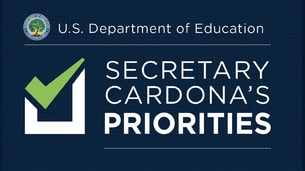 Learn about ED’s priorities &amp; vision for education: 
1️⃣ Supporting schools through pandemic recovery
2️⃣ Addressing opportunity &amp; achievement gaps
3️⃣ Making higher ed more inclusive &amp; affordable
4️⃣ Investing in career &amp; technical education
ed.gov/news/press-rel…