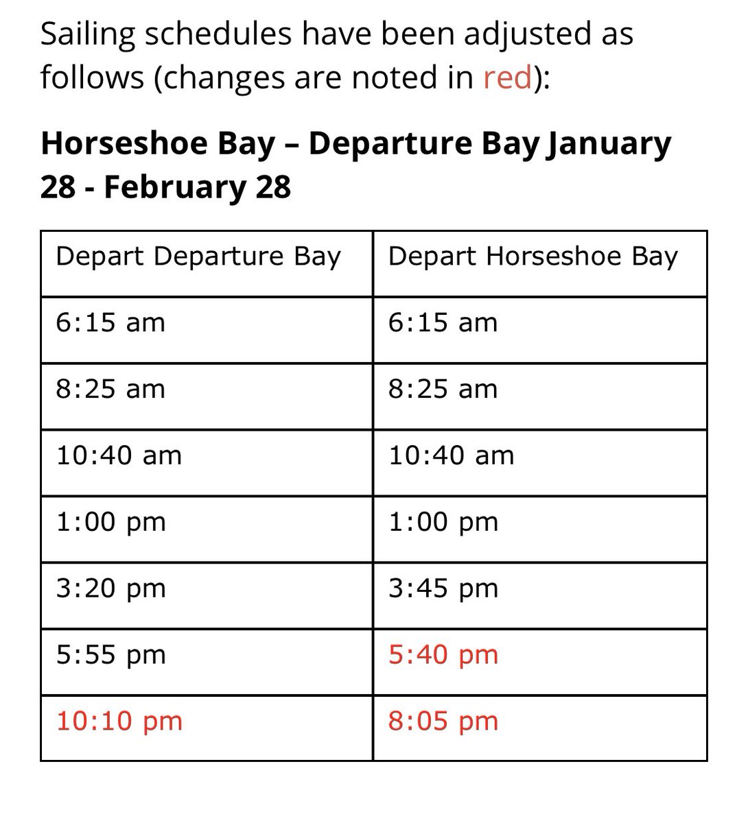 Softball_ca_'s tweet photo. @BCFerries do the highlighted scheduled departures in Red mean that these sailings are canceled? https://t.co/EHRAFlvkYn