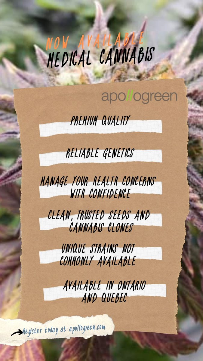 apollogreenInc's tweet photo. Medical cannabis now available in Ontario and Quebec.
Tested. Trusted. Reliable. Unique genetics. Uncommonly good.
https://t.co/jdFlwzVLi8

#cannabis
#medicalcannabis
#ontario
#quebec https://t.co/zpqpsyBMR4