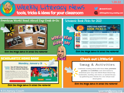 LisaLitCoach's tweet photo. Check out this week's Literacy Newsletter! The focus this week was World Read Aloud Day. If you are interested in learning more about creating a coaching newsletter- reach out! 
https://t.co/vL9q5RTnwy
#coachinglife  #worldreadaloudday #Scholastic #LitWorld https://t.co/RZ2lXn9CfR