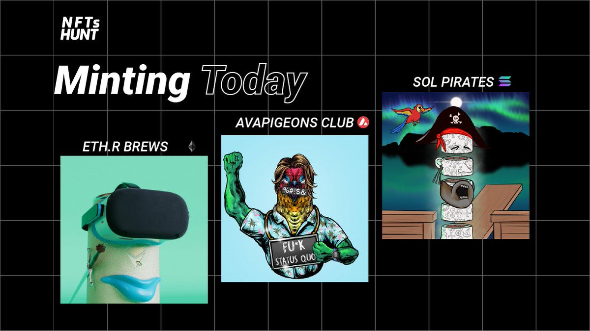 So many exciting NFTs are dropping today across multiple blockchains 🤯🔥

<a href="/solanapirates/">Sol Pirates</a> on #Solana 
  
@ETH_r_Brews on #Ethereum 

@AvaPigeonsClub on #Avax

#NFT #NFTs #NFTCommunity #nftcollector #NFTdrops