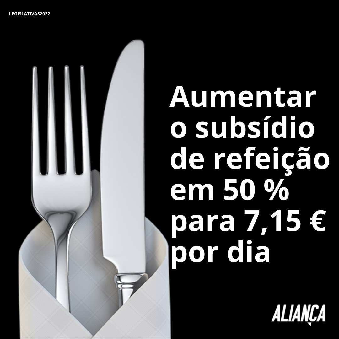 Aumentar o subsídio de refeição em 50% para 7,15 € por dia 🍴

Dia 30 de Janeiro
Votem na mudança. 
✅Votem ALIANÇA !

#portugal #nocoraçãodadireita #estamosprontos #PrimeiroasPessoas #alianca #legislativas22 #europa