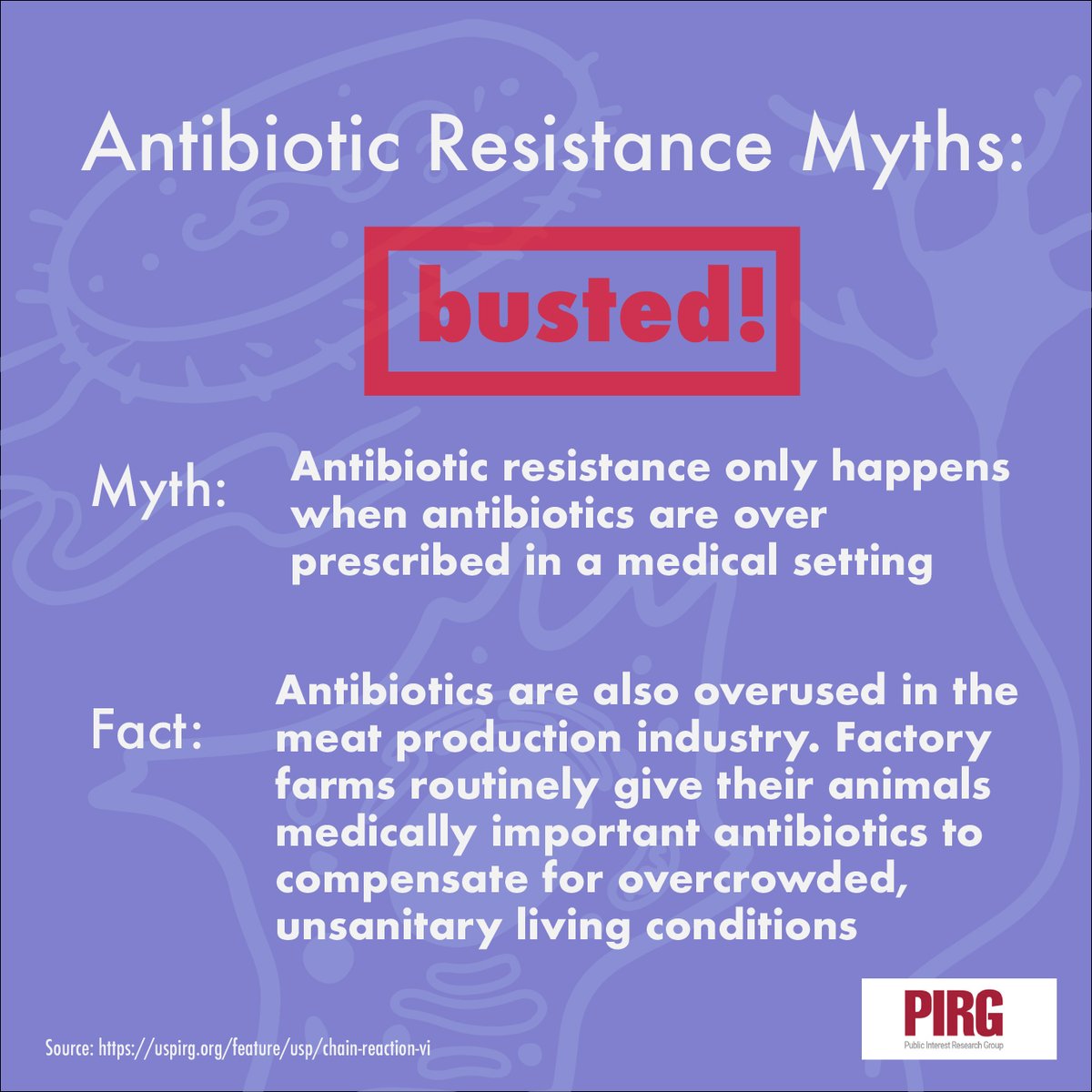 PIRGIM's tweet photo. Fact: #antibiotics are overused in the meat production industry. Factory farms routinely give their animals medically important #antibiotics to compensate for overcrowded, unsanitary living conditions. https://t.co/11VQa0yZ19