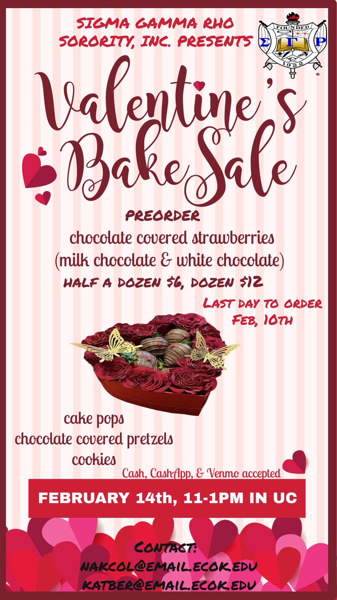 Looking for a Valentine’s Day gift?👀 

Place your order right here with us or come shop Feb.14th 11a.m-1p.m at the U.C! 

❗️Pre-Order All Strawberry Orders ❗️
