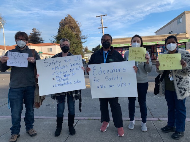 UTRichmondCA's tweet photo. Today UTR educators picketed and shared flyers with our communities supporting our very reasonable health and safety demands.  Thank you for the outpouring of support from our students, families, and community partners.  #safeschoolsnow https://t.co/EWyzZ9cNTE