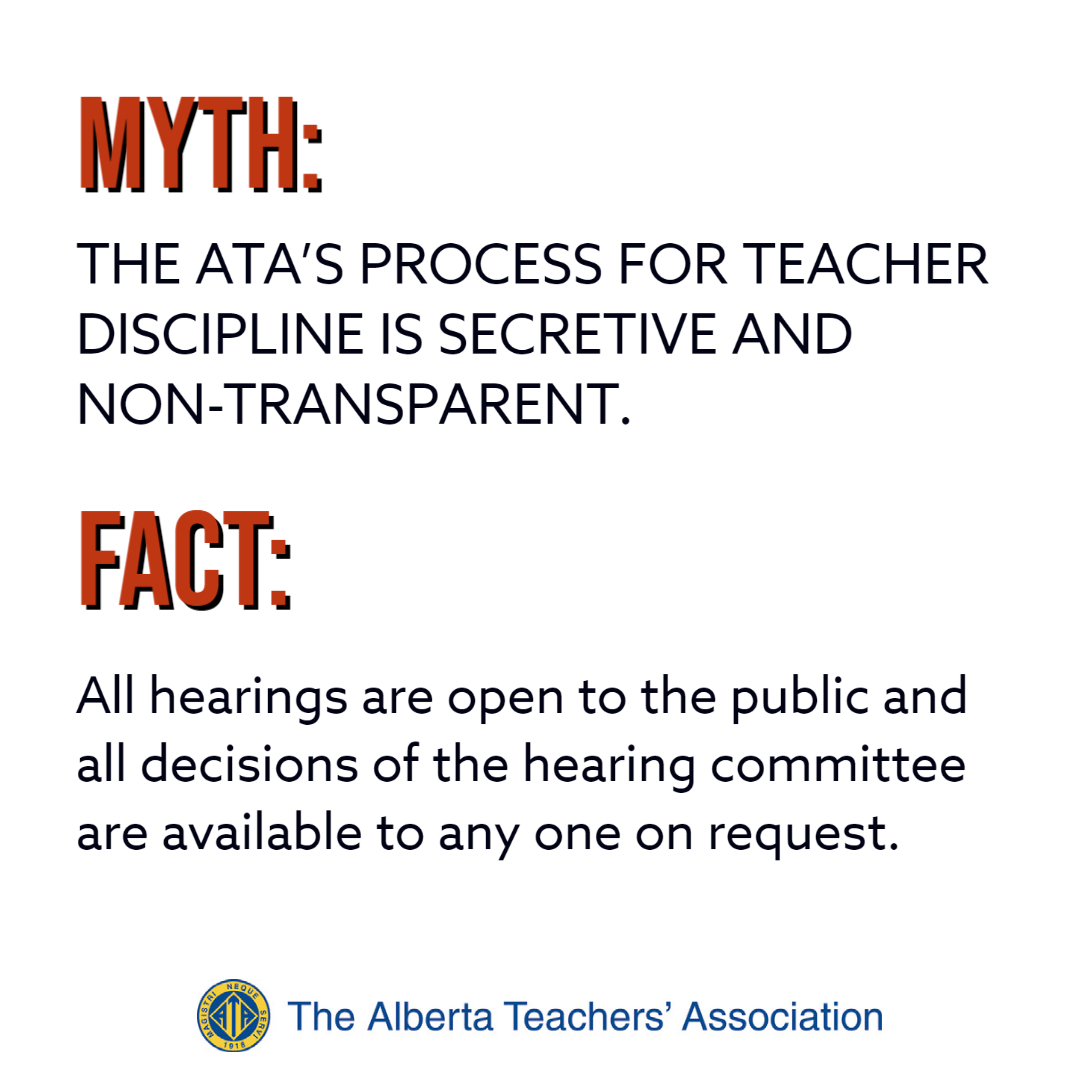 albertateachers's tweet photo. For #FactFriday, let's bust some of the myths and misinformation circulating about the ATA's teacher discipline process. 

Learn more, including what you can do to help push back on the minister's attack on the profession ➡️ https://t.co/H9no8v2ZtM 
#ableg #abed https://t.co/UnkPLbdojj