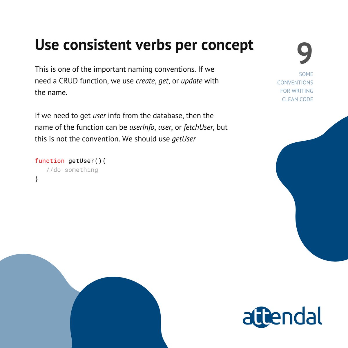 Conventions for writing clean code ↘️↘️↘️
This is one of the important naming conventions. If we need a CRUD function, we use create, get or update with the name

Part 9/12
#software #development #it #technology #javascript