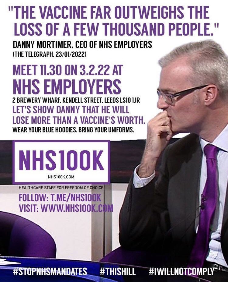 NHS100K's tweet photo. Please head to Leeds on 3rd Feb. . We need to make a stand and let Danny Mortimer know that it is actually the loss of thousands of staff that far outweighs the vaccine! 

#NoVaccineMandates
#togetherWeAreStrong
@Togetherdec https://t.co/KpcrKBalD6