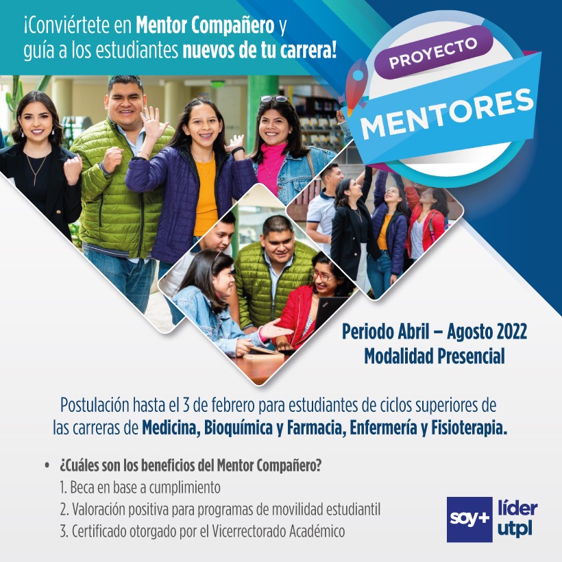 #SoyMentorUTPL ¿Quieres formarte como un líder estudiantil y ser parte
del proceso de transición y dejar una huella positiva en tus compañeros
nuevos de carrera?
Postula al proyecto Mentores hasta el 3 de febrero del 2022
Clic aquí: encuesta.com/r/nQYrElaX_q8A…