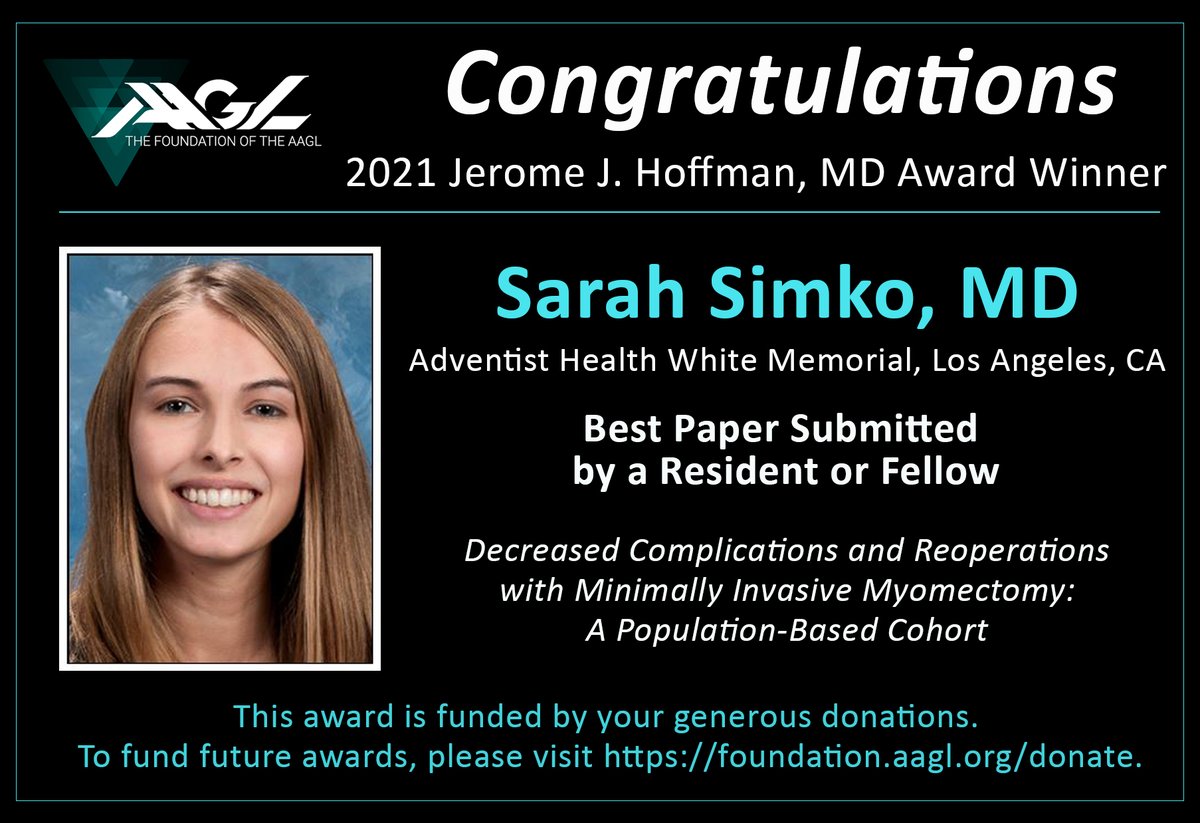 AAGL's tweet photo. Congratulations @SimkoMd! Each year, the FAAGL is proud to present awards to the “best of the best.” Donate to support future awards at https://t.co/pzNVBgO5VO! @FMIGS1 @AAGLJMIG #FAAGL #MIGS https://t.co/SwqjdDLJZn