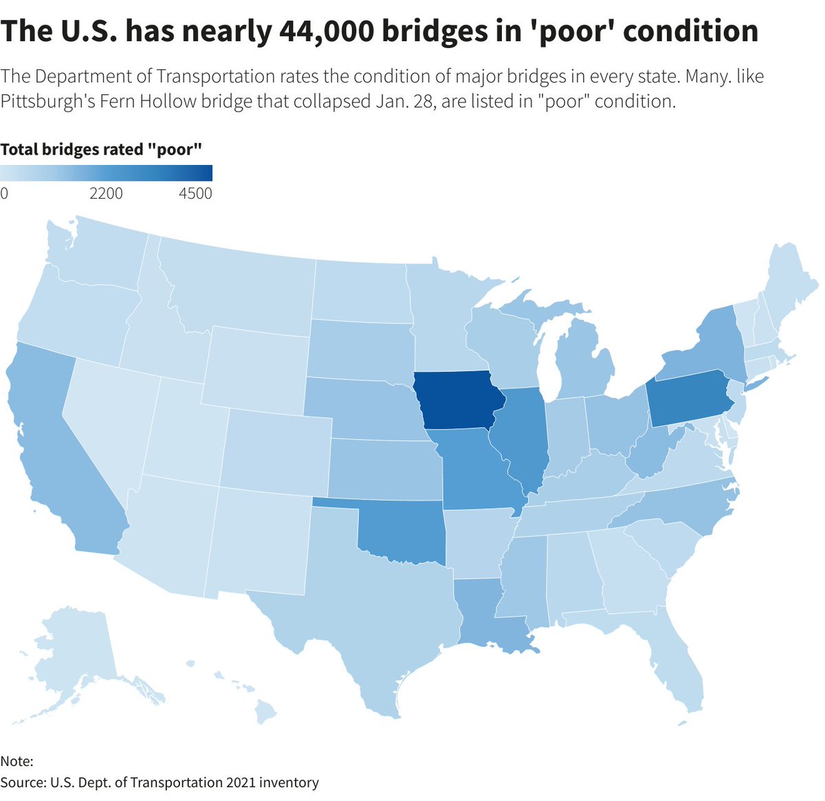 Like the collapsed Fern Hollow Bridge in Pittsburgh, nearly 44,000 other bridges nationwide are rated in poor condition by the U.S. Department of Transportation. This map shows where they are reut.rs/3g4QJ78