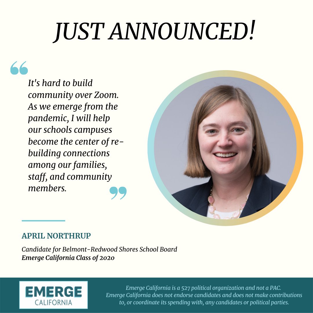EmergeCA's tweet photo. 📣 #EmergeCA Running Announcement📣  

Class of 2020 Alumna April Northrup (@AprilNorthrup1) has announced that she is running for Belmont-Redwood Shores School Board! She would be the only school board member who has been a full-time teacher! Congratulations April! https://t.co/qNUtZ3xjzx