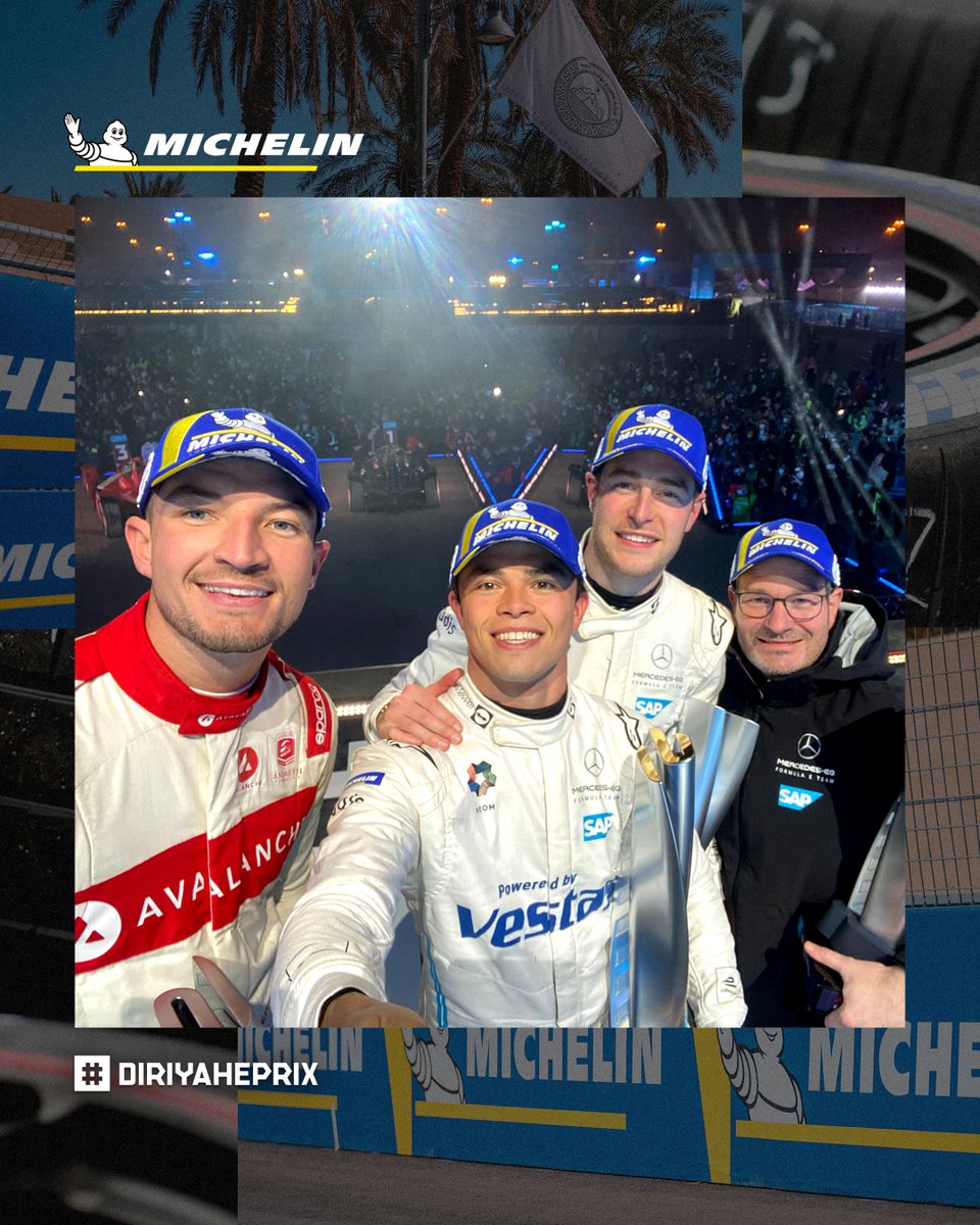 .<a href="/Michelin_Sport/">Michelin Motorsport</a> caps on for a podium selfie with <a href="/nyckdevries/">Nyck de Vries</a>, <a href="/svandoorne/">Stoffel Vandoorne</a> and <a href="/JakeDennis19/">Jake Dennis</a> 🧢🤳

🇸🇦 2022 #DiriyahEPrix