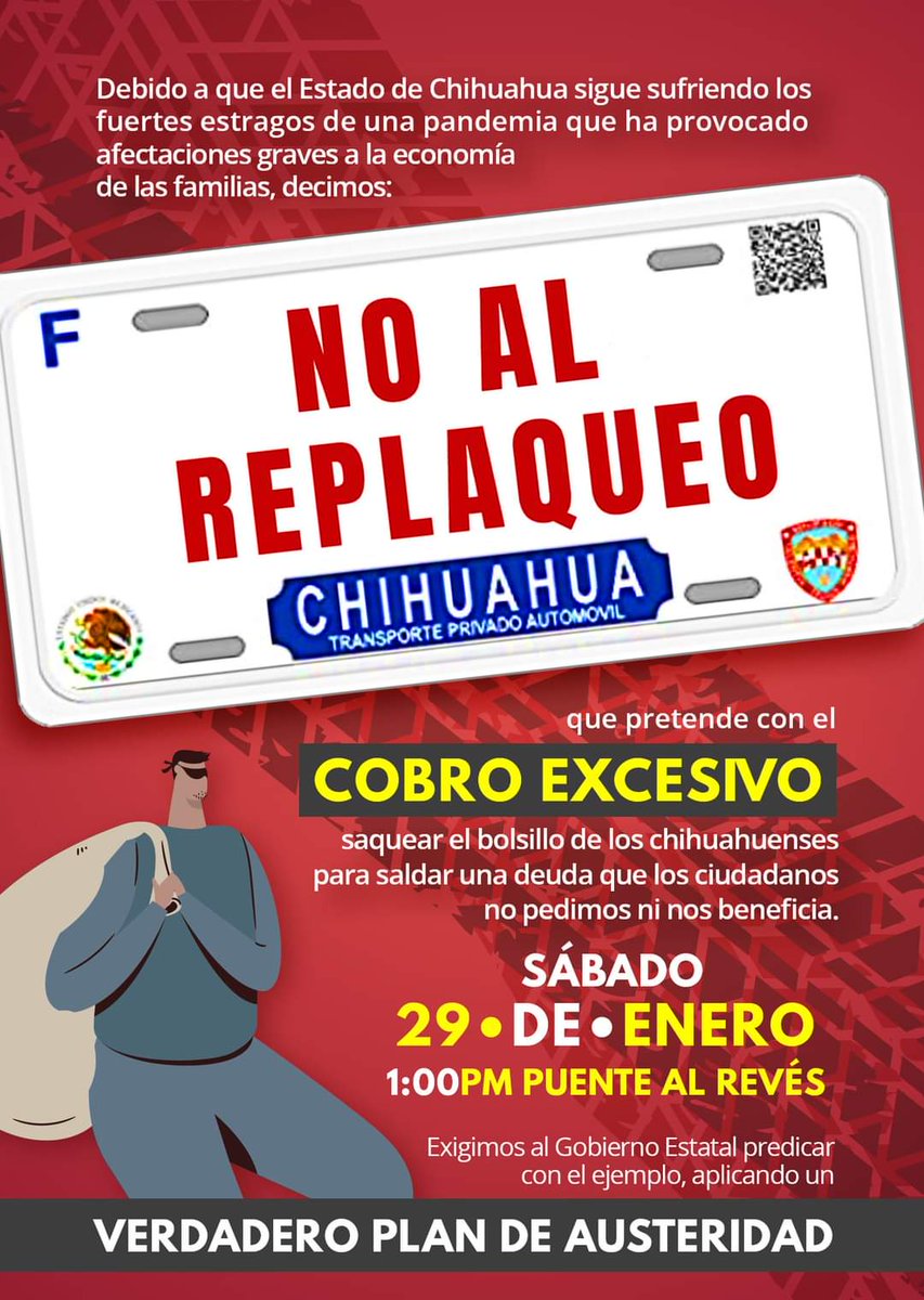 ¿Estas en contra del replaqueo? Te invitamos a manifestarse pacíficamente mañana sábado 29 de enero en “El puente al revés”.
Por una ciudadanía participativa, por un gobierno ciudadano. #NoAlReplequeo #AltoAlSaqueo #chihuahua