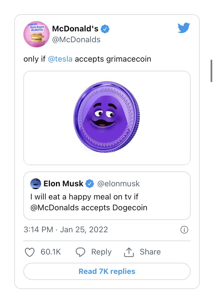 KristofPuchner's tweet photo. Is Elon musk doing PR for McDonald’s or is McDonald’s doing PR for Tesla? 🤨 I’d say the former 😂😂 #GrimaceCoin https://t.co/vGmOvx7ehf