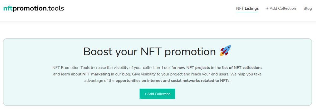 nftpromotools's tweet photo. We are already online! Glad to present a new project focused on NFT's and facilitating their promotion and dissemination in general. What will be the first collections to be listed on the platform? Introducing V1 of NFT Promotion Tools. #NFTPromotionTools #nftpromotion https://t.co/IcUEacev0j