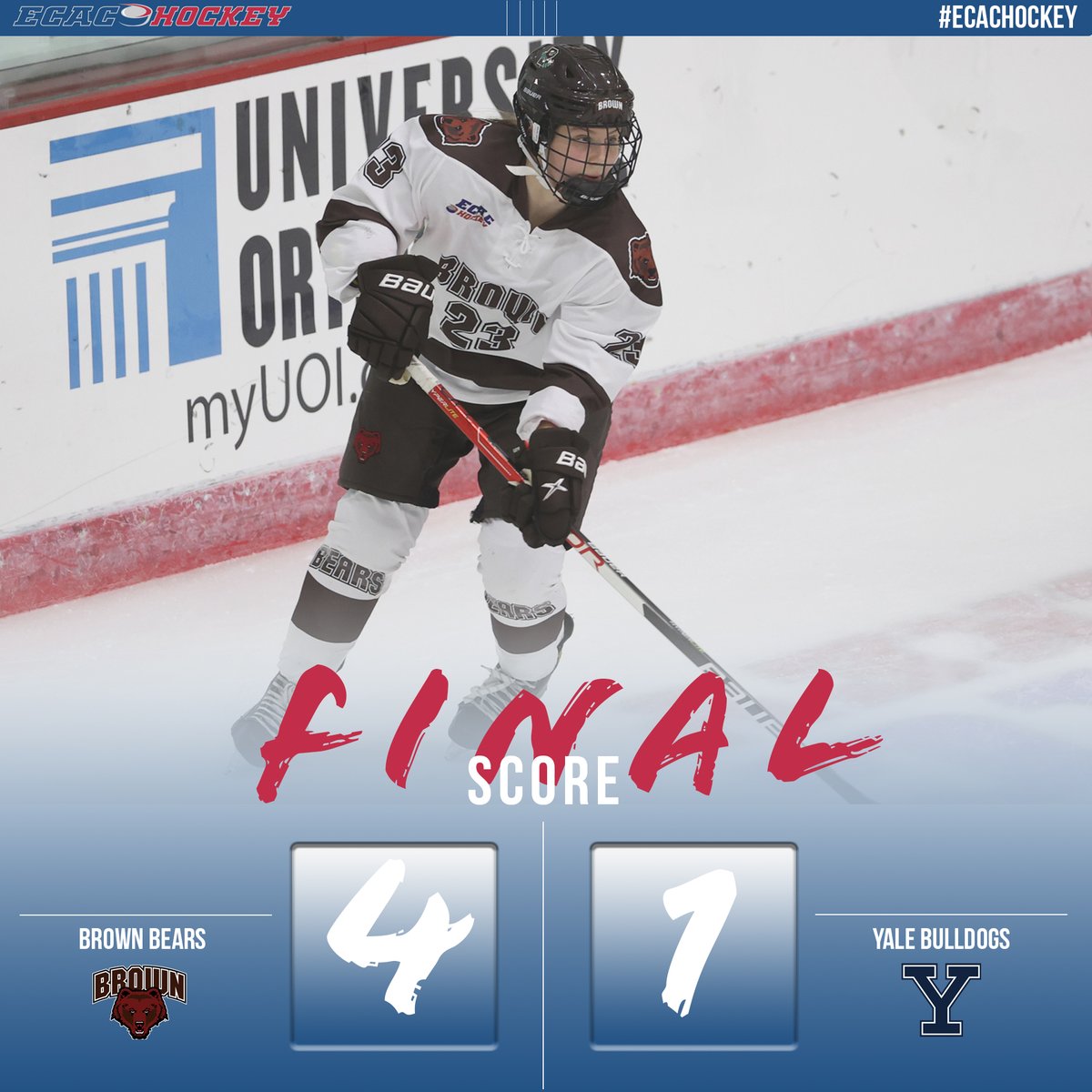 UPSET ALERT 🚨

@BrownWHockey knocks off No. 7 Yale for their second straight #ECACHockey win. Cameron Sikich scored the eventual game-winner in the second period. Mangiafico, and Maloney also score.

#ECACHockey | #GoBruno