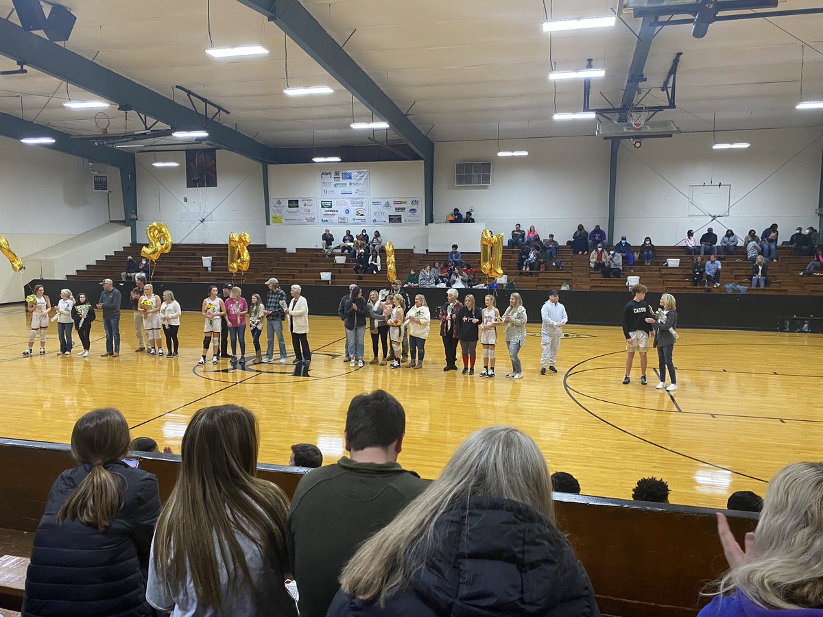 CantonAcademy's tweet photo. It was a sweet senior night for our basketball teams. We will miss you, #2 Emma Grace Poquette, #24 Starr Spivey, #21 Raleigh Quayle, #3 Maggie Claire Thomas, #11 Madelynn Cochran, and #13 Carter Martin. #caforever🖤💛🐾 https://t.co/qtJLJ5uE1C