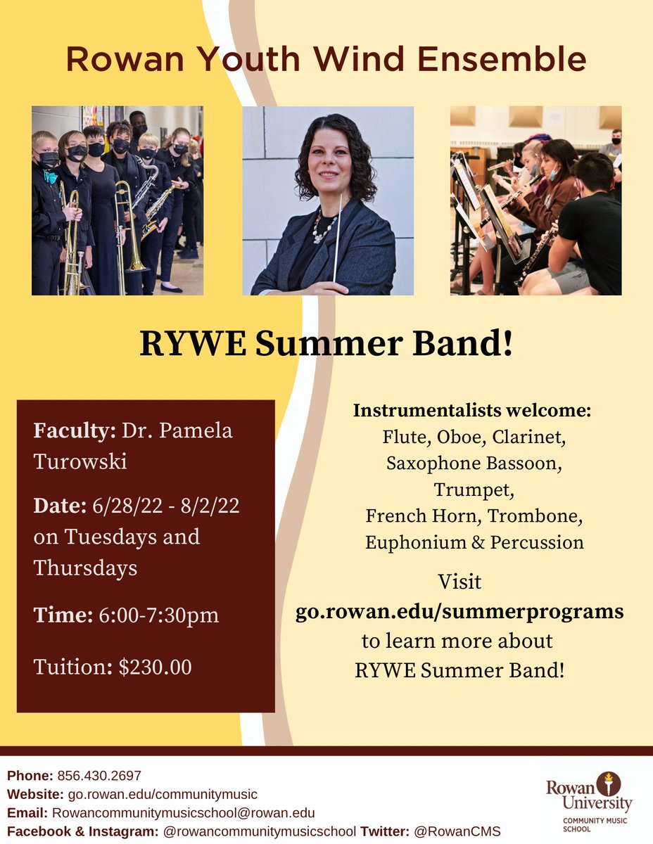 We’re excited to introduce our Rowan Youth Wind Ensemble Summer Band! Visit go.rowan.edu/summerprograms to learn more. #rowancmsproud #rowancms22 #windensemble #musiceducation #summer