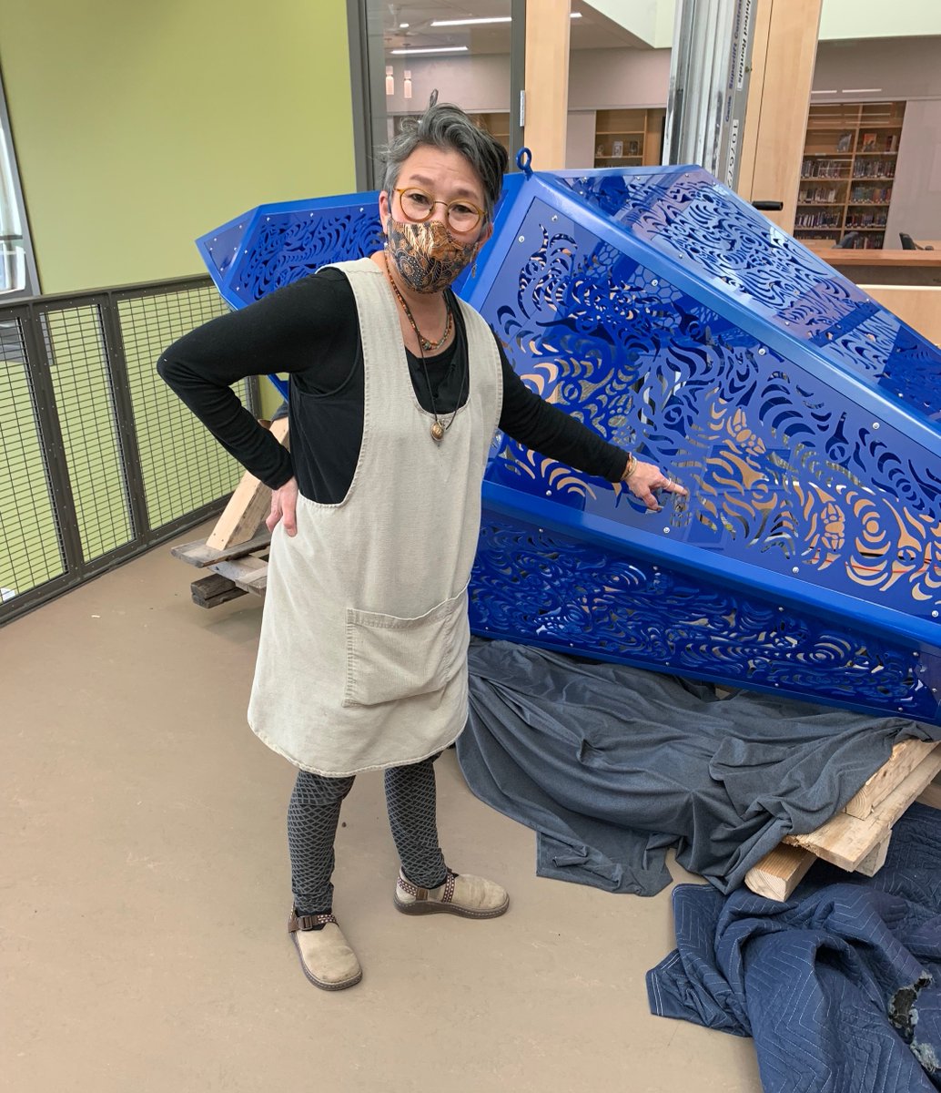 ArtsWA's tweet photo. ARTIST AT WORK: June Sekiguchi installing “Glacial Crystals” at Glacier MS in Buckley. The sculpture deconstructs Mt Tahoma's massive glaciers into crystals. It is inspired by the school’s impressive views of Mt Tahoma. Explore more: https://t.co/AzGRM4cBVw #WAStateArtCollection https://t.co/ydY9a2gtEn