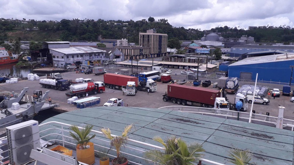 FijiNDRMO's tweet photo. All containers packed &amp; ready for shipment to 🇹🇴 

The chartered vessel will depart for 🇹🇴 tonight, carrying 11 containers of humanitarian supplies.

We thank all donors &amp; partners for their unwavering support in helping us reach out to our neighboring Pacific family. https://t.co/ywTmhS4wDM