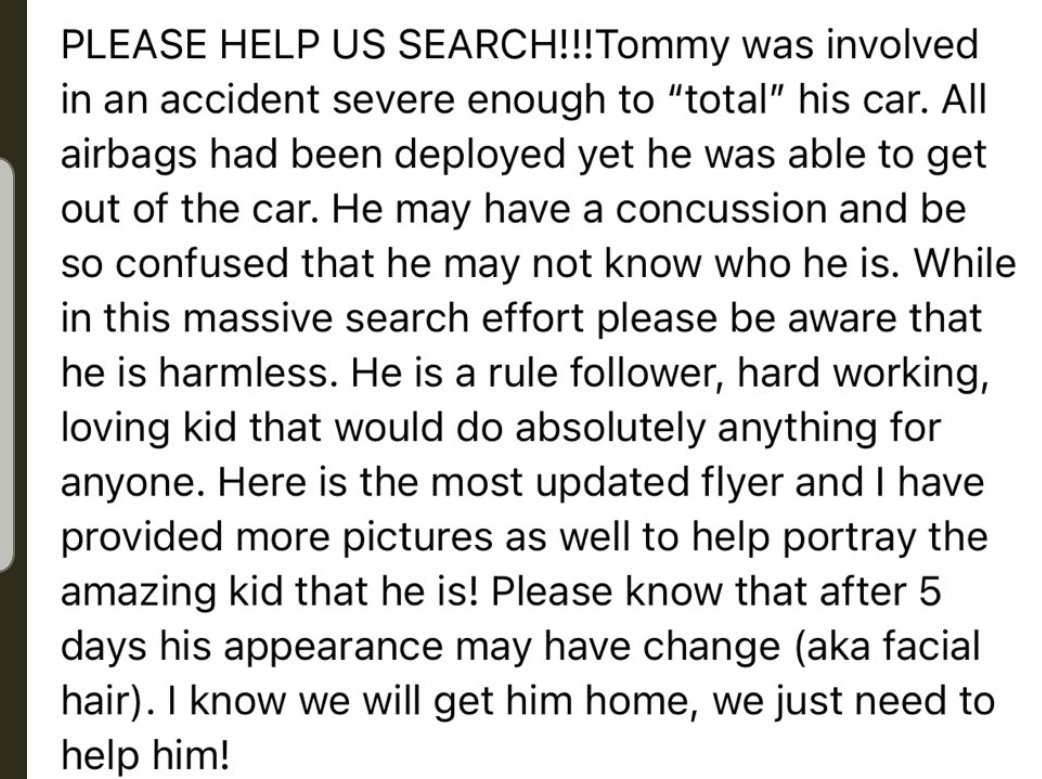 CoffindafferFBI's tweet photo. This is a heartfelt plea from Tommy's Mom asking for help to search for him.  This is the first information about the severity of the crash. Hoping he is found soon. 
#ThomasHowe https://t.co/PoYSQCqSXw
