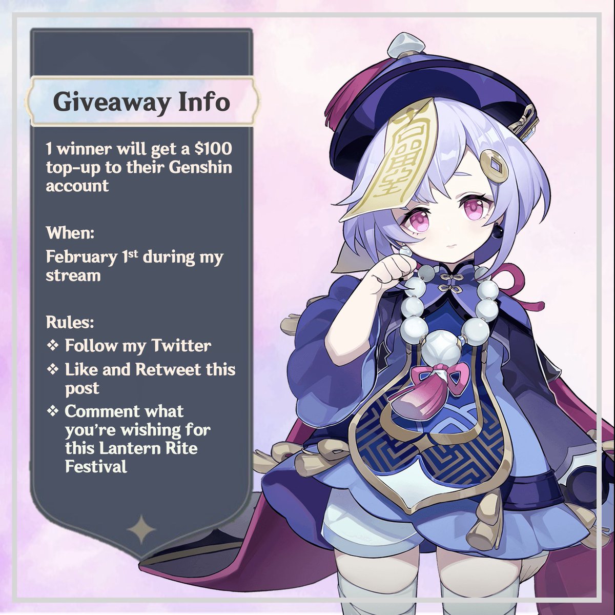YTUpcoming's tweet image. Giveaway time. Did you lose your 50/50 or want to get ahead in your saving for Yae Miko well:

1) follow my Twitter 
2) Like and Retweet this tweet
3) Comment what you're wishing for this Lantern Rite Festival. #GenshinTwt #Ganyu #Zhongli
