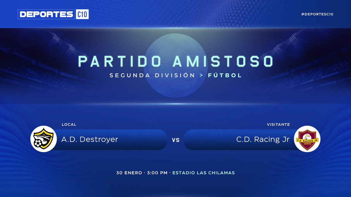 DeportesC10's tweet photo. El @f_destroyer disputará el ultimo partido de preparación para el Torneo Clausura frente a #RacingJr de Armenia.
El partido se jugará en La Libertad el próximo domingo a las 3:00 p.m.
#LaSegundaxC10🏆⚽️ https://t.co/VHZbdcM1Zs