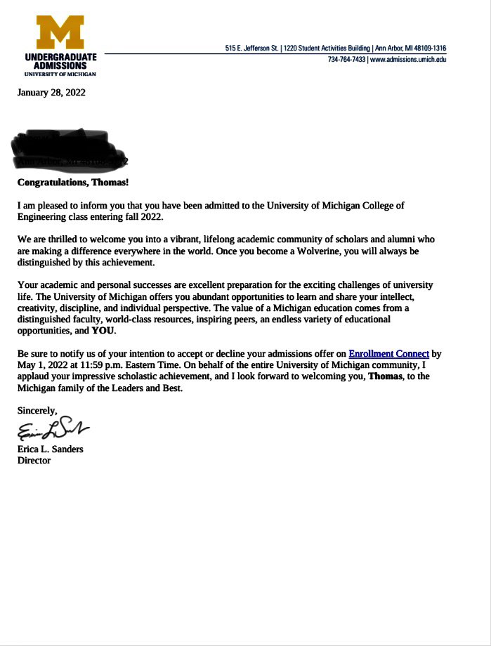 thamann_16's tweet photo. I am blessed to announce I have been admitted to @UMich!
#GoBLUE 〽️ https://t.co/hTlQ2UvPDe