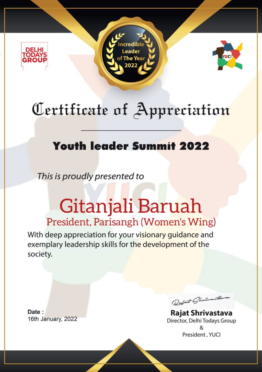 Thank you so much Delhi Today Group & Rajat Shrivastava Ji for honouring me as a Incredible Leader Of The Year 2022
#certificateofappreciation 
#yuci
#youthleadersummit2022
#gratefulthankfulblessed 
@Dr_Uditraj @aiparisangh @aipwomenwing @domparisangh @NSYF4india
